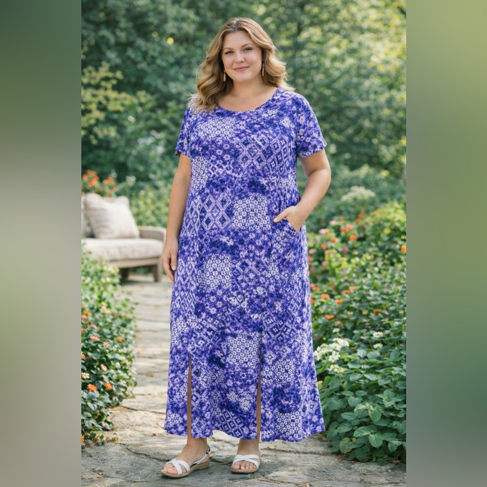 Catherines Purple Patterned Short Sleeve Maxi Dress